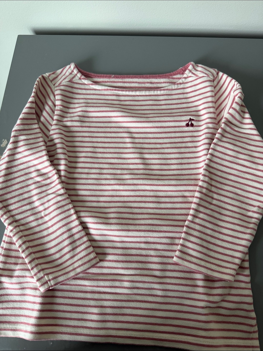 Bonpoint White and Pink Striped Long-Sleeve Top with Cherry Motif